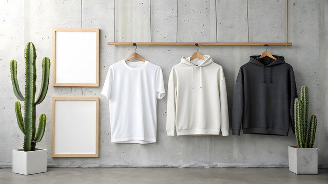 Blank white and grey t shirts and hoodies hanging clothing
