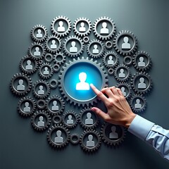 Human resources management and talent acquisition concept with manager selecting employee icon from a network of gears