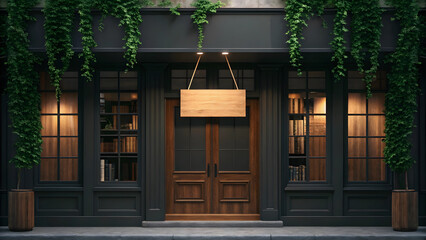 Dark facade bookstore with wooden doors and blank sign