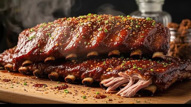 Juicy BBQ Pork Ribs Glazed in a Savory Sauce, Smoked to Perfection and Garnished with Fresh Herbs and Spices
