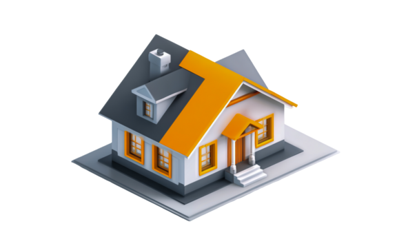 A stylized 3D isometric view of a small house with an orange upward arrow superimposed on its roof. Ideal for concepts of growth, success, or real estate investment.