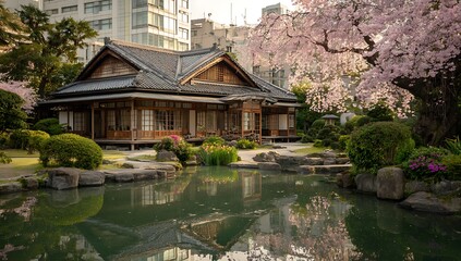Fototapeta premium Japanese Garden Oasis Tranquil Pond Cherry Blossoms Reflections Traditional Architecture Serene Landscape Nature's Beauty Park Building Exterior Design Style