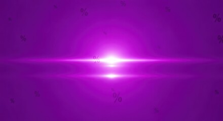 Bright light horizontal lens flare on purple background with falling percentage symbols. Discount, sale, and promotion concept for announcement banner.