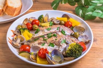 鯛のアクアパッツァ Sea bream acqua pazza with colorful vegetables