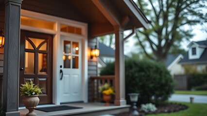 A welcoming family home entrance with greenery in a blurred neighborhood background.