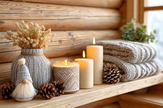 Cozy rustic cabin decor creating hygge atmosphere with candles
