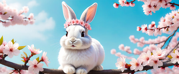 White bunny wearing flower crown among cherry blossoms. Cute rabbit sitting on branch surrounded by pink flowers. Illustration of a fluffy rabbit under a soft sky with full bloom.