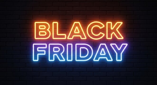 Black friday neon sign glowing with vibrant orange and blue lights against a dark brick wall, signifying a modern and exciting retail event with special discounts and promotions