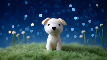 Enchanting scene of a small white felted puppy sitting peacefully on green grass under a starry night sky illuminated by soft blurred bokeh lights