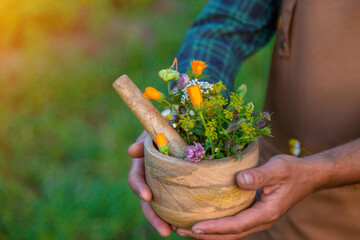 A man collects medicinal herbs in a field. Selective focus.