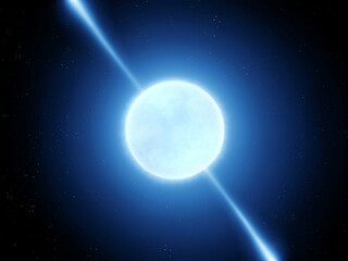 Pulsar with energetic jets in space. Neutron star on black background. Compact supermassive object.