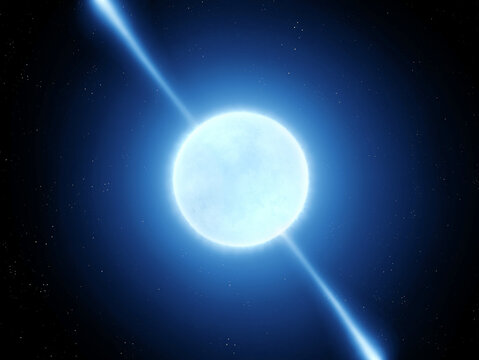 Pulsar with energetic jets in space. Neutron star on black background. Compact supermassive object.