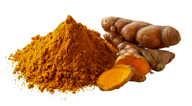 Heap of vibrant orange turmeric powder next to fresh turmeric roots isolated on transparent background
