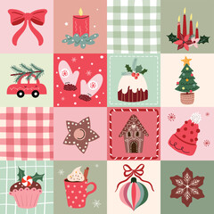 Cute Christmas Seamless Pattern, wallpaper, background with Festive Icons, Holiday Sweets and Winter Decorations. Perfect for wrapping paper, textiles, greeting cards, and seasonal designs.