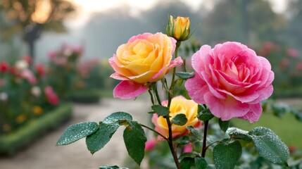 Garden roses covered in morning dew drops