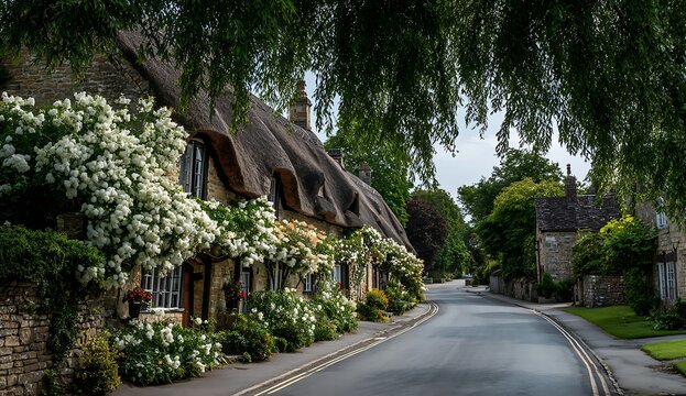Charming Village Street with Thatched Cottages and White Flowers Scenic View of Traditional English Countryside Beautiful Thatched Roof Cottages Picturesque England