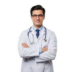 Fototapeta premium Smiling male doctor wearing glasses and stethoscope isolated on transparent background