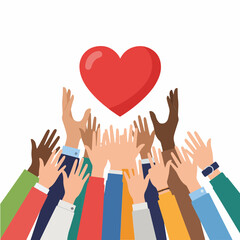 Obraz premium Red heart symbol with many raised diverse hands reaching, representing community, togetherness, unity, support, love, charity, and volunteering on a white background.