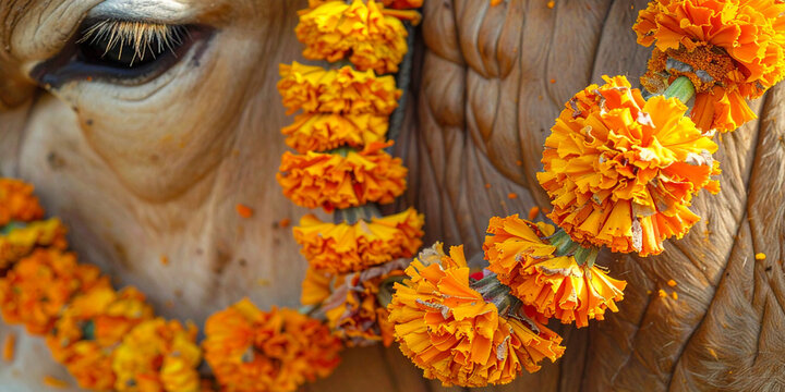 Close-up of a sacred cow's eye and face adorned with a vibrant orange marigold flower garland during a traditional Hindu festival - Powered by Adobe