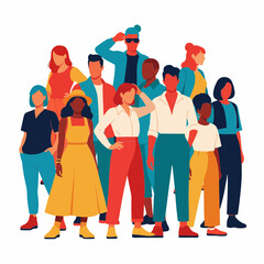Obraz premium Group of diverse stylish people standing together, showcasing teamwork and unity, flat vector illustration on white background, various ethnicities and modern fashion.