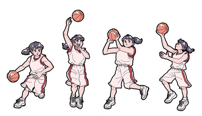 バスケットボールをする女の子の4種類のポーズのイラストセット