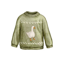 Christmas vintage cartoon cute knitted green sweater with bird white goose duck isolated on white background. Watercolor and pencil hand drawn illustration sketch