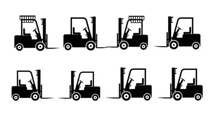 Black and white illustration depicting a collection of forklift icons