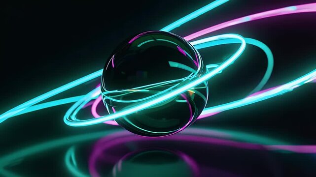 A mesmerizing abstract 3D animation features a dark, reflective sphere enveloped by dynamic, glowing neon light trails in vibrant teal and magenta. Luminous rings fluidly orbit and intertwine, creatin