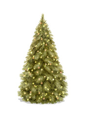 Watercolor classical vintage green Christmas tree with luminous shiny garland lights isolated on white background. Watercolor and pencil hand drawn illustration sketch