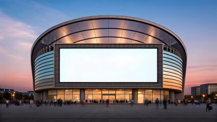 Obraz premium Large curved building with digital billboard at dusk