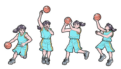 水色のウェアを着てバスケットボールをする女の子の4種類のポーズのイラストセット