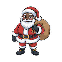 Friendly Black Santa Claus Cartoon with Sack of Toys,Cheerful African American Santa Illustration, Vector Graphic of Santa Holding a Christmas Bag, santa, christmas, santa claus, vector
