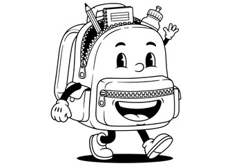 A happy cartoon backpack mascot with school supplies, walking and waving. Black and white vector line art for a 'back to school' logo or coloring book.