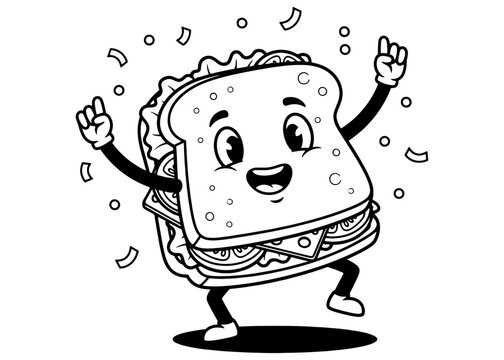 Happy cartoon sandwich mascot character dancing and celebrating with confetti. Black and white vector line art for a logo, coloring book, or party.