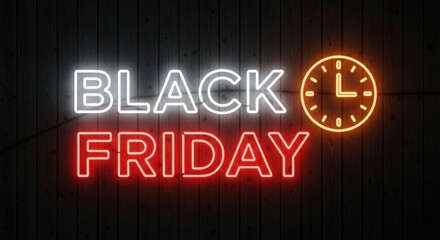 Black friday neon sign with a clock, symbolizing the urgency and timesensitive nature of the shopping event