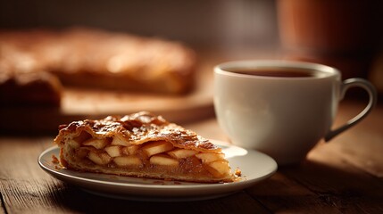 An apple galette paired with coffee cup, morning ambiance