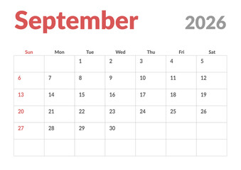 Monthly page Calendar Planner Template design of September 2026. Vector layout of calendar with week start Sunday for Scheduling. Page for size A4 or 21x29.7 cm