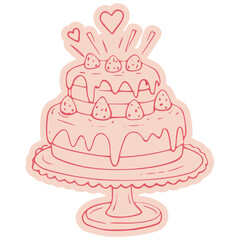 Illustration of a two-tiered cake decorated with strawberries and hearts.
