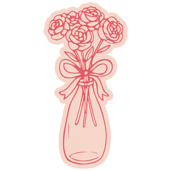 A hand-drawn pink outline illustration of a bouquet of roses in a glass vase tied with a ribbon.