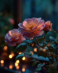 Beautiful pink roses illuminated at night.