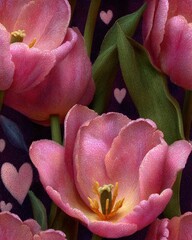 Beautiful pink tulips on a dark background.