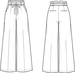 Wide leg trousers flat sketch, paperbag waist pants vector, CAD technical drawing, garment design template, apparel fashion illustration for designers