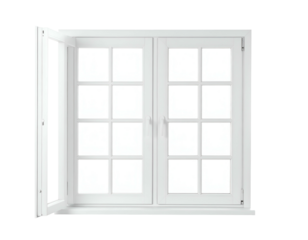 White casement window with mullions, one pane open to reveal brightness