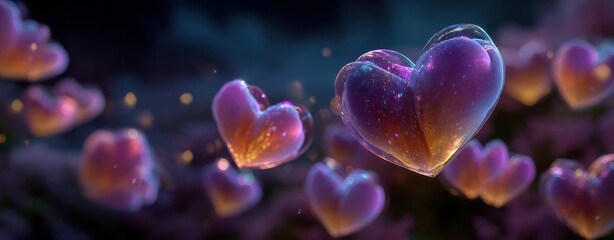 Colorful floating hearts on a magical background.