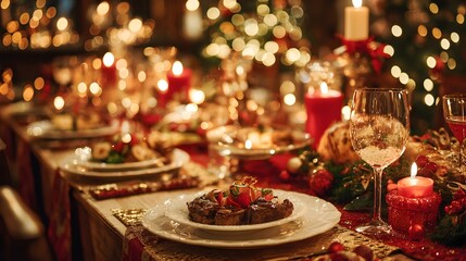 Family Christmas dinner with bokeh lights