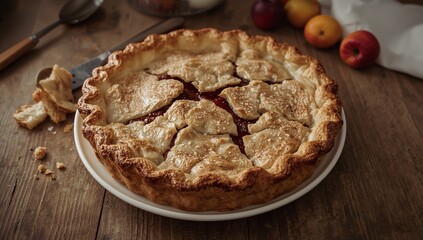 A rustic pie with a slightly collapsed crust, visibly handmade, on a cooling rack, soft natural light, cozy imperfection aesthetic, smartphone wallpaper ready.
