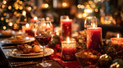 Beautiful Christmas dinner table setup in bokeh lights
