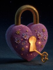 Colorful heart lock with a shining key.