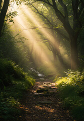 Obraz premium Sunbeams filtering through dense foliage onto a winding dirt path in a misty forest landscape, a misty forest trail with sunlight and tranquil atmosphere,