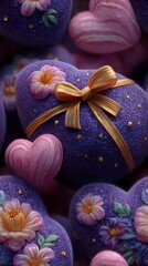 Decorative hearts with floral designs and ribbons